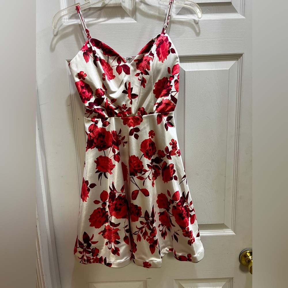 Beautiful red floral adjustable spaghetti strap cocktail dress; worn only once!